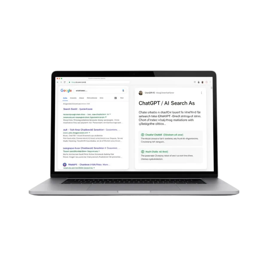 Laptop showing Google search results next to a ChatGPT AI answer with citations